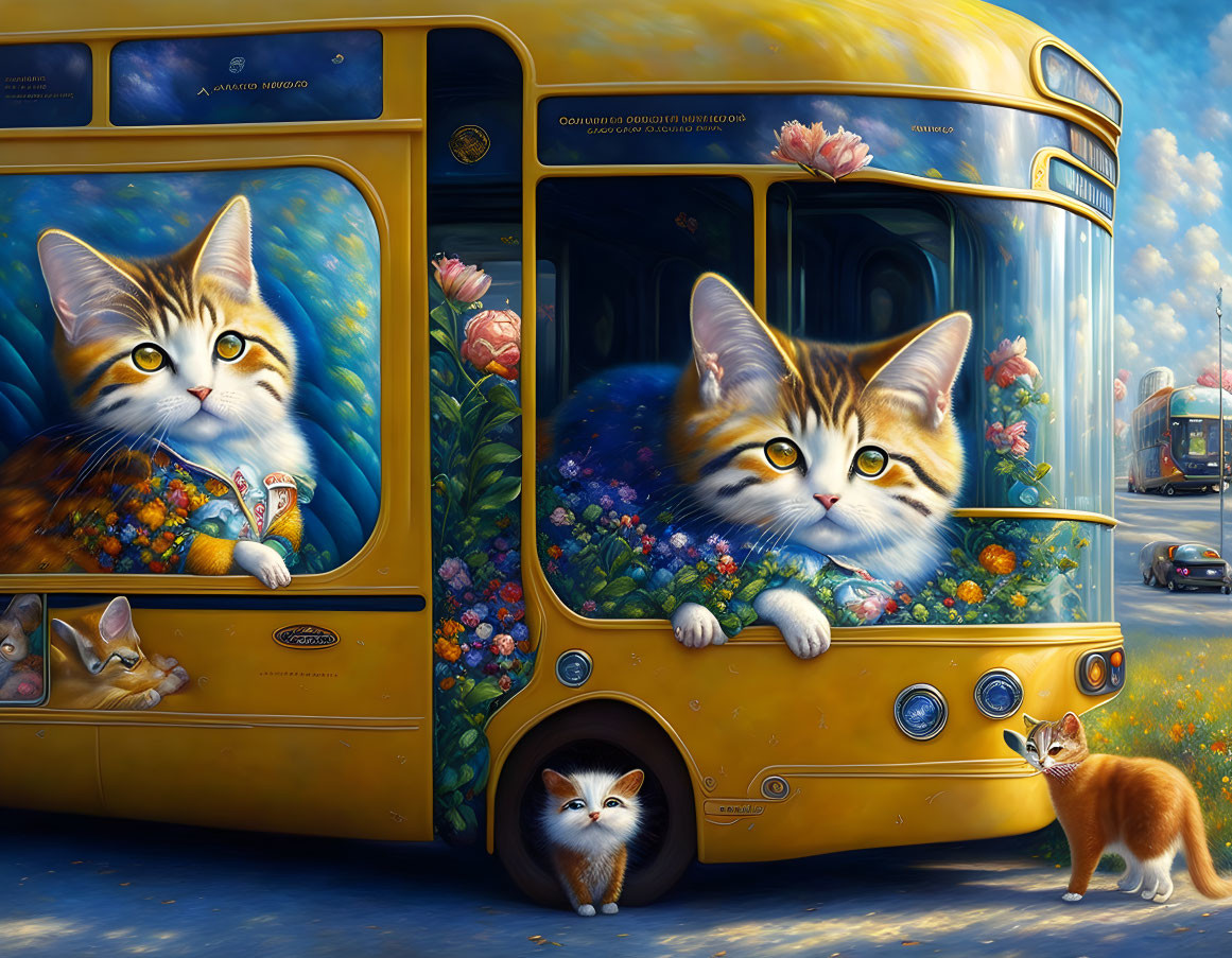 Colorful Digital Art: Cats on Yellow Bus with Flowers