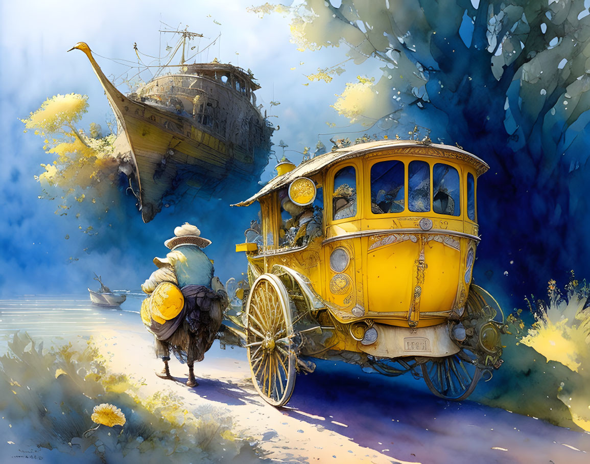 Person in hat next to yellow stagecoach with flying ship in sunlit woodland.