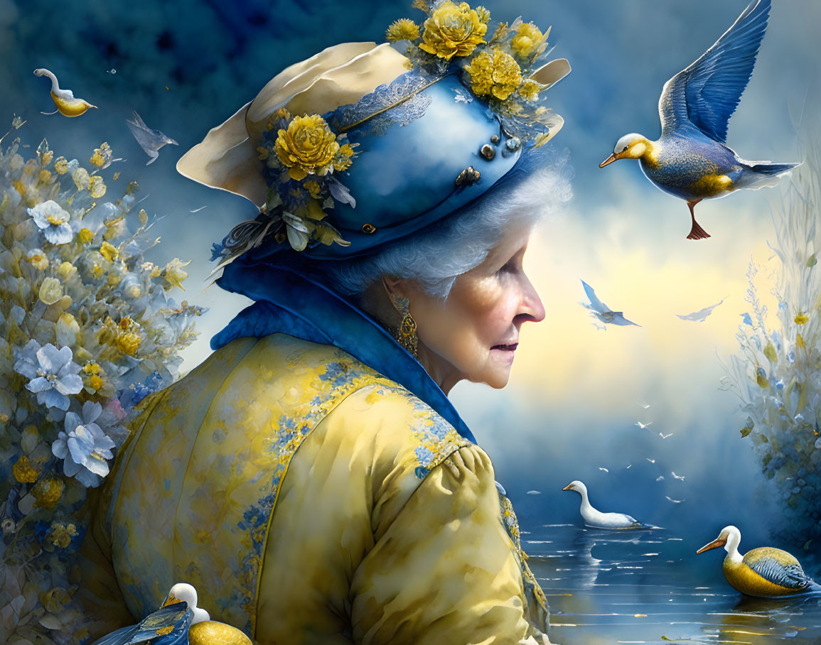 Elderly woman in yellow and blue outfit with birds in dreamlike waterscape