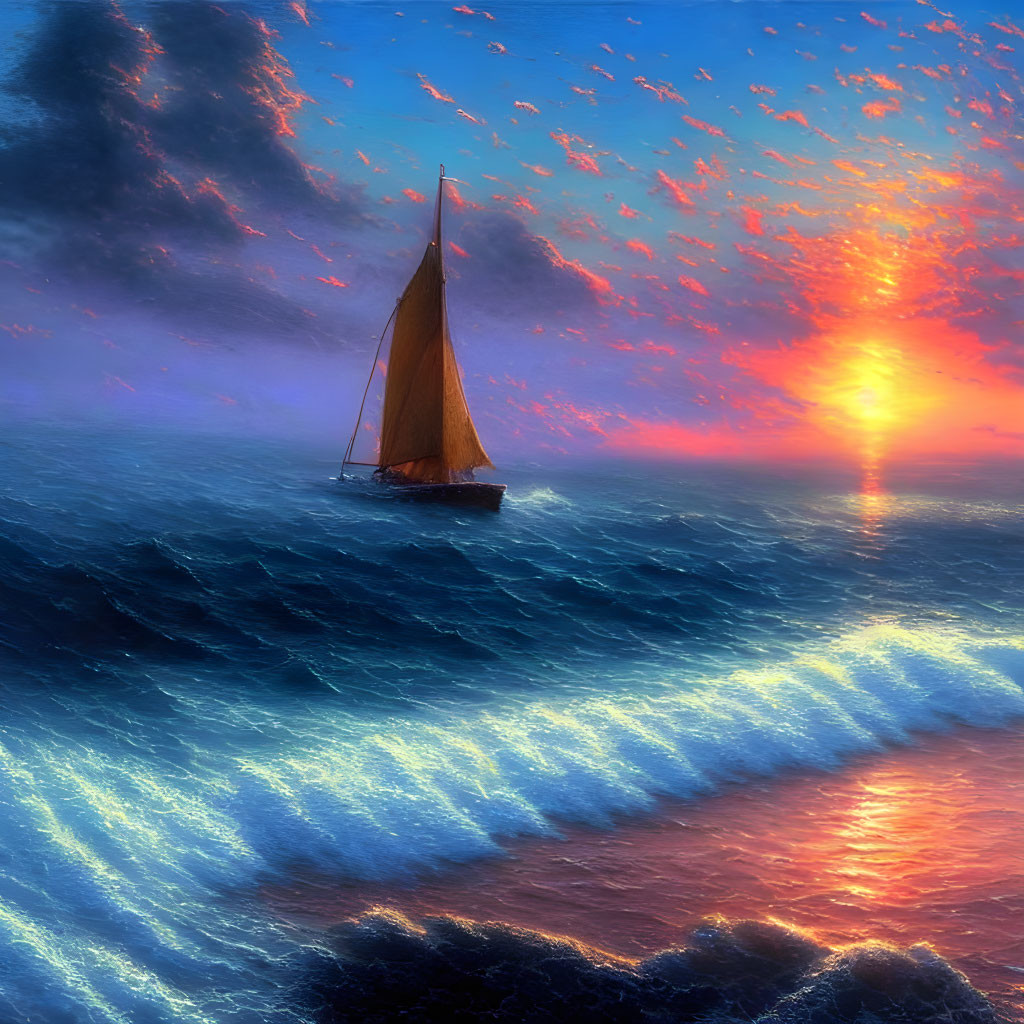 Sailboat in turbulent seas under vibrant sunset sky
