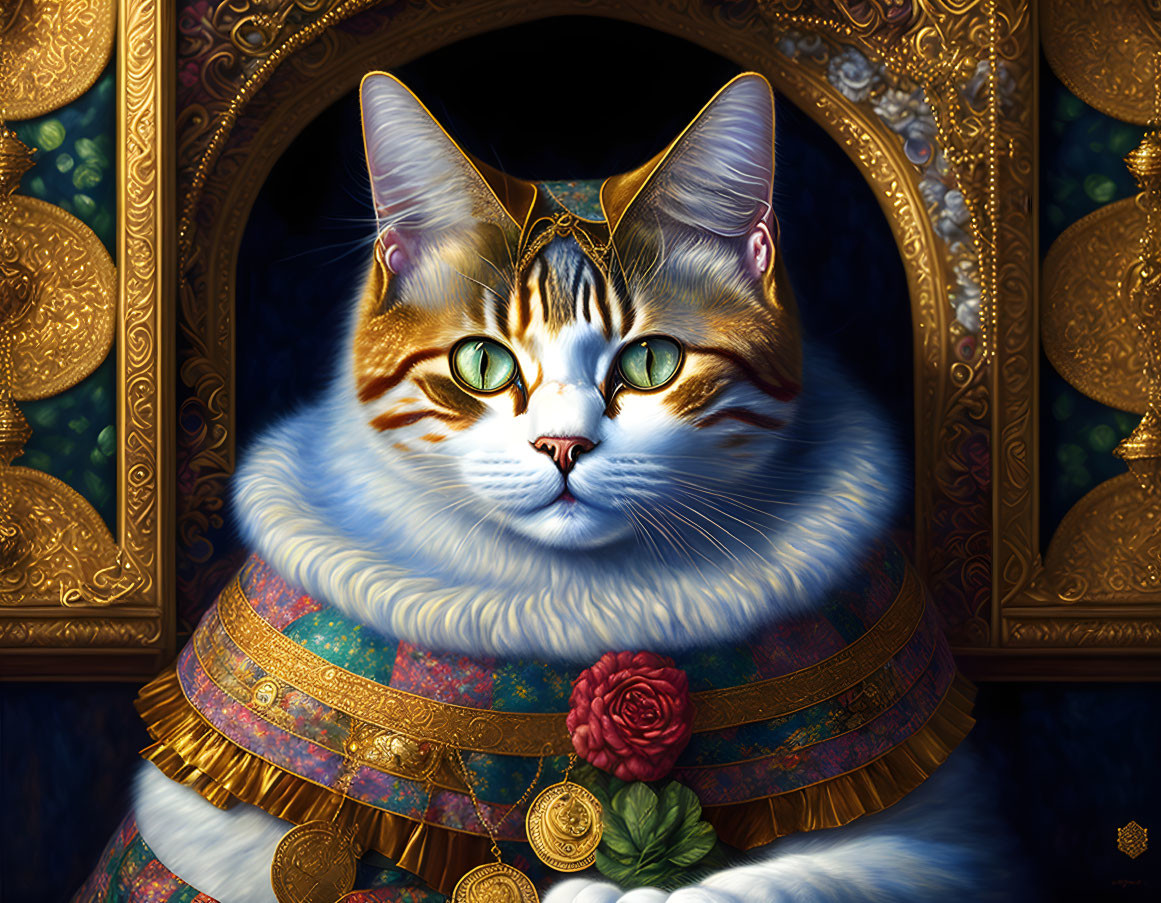 Regal Cat with Green Eyes Wearing Golden Crown and Rich Garb
