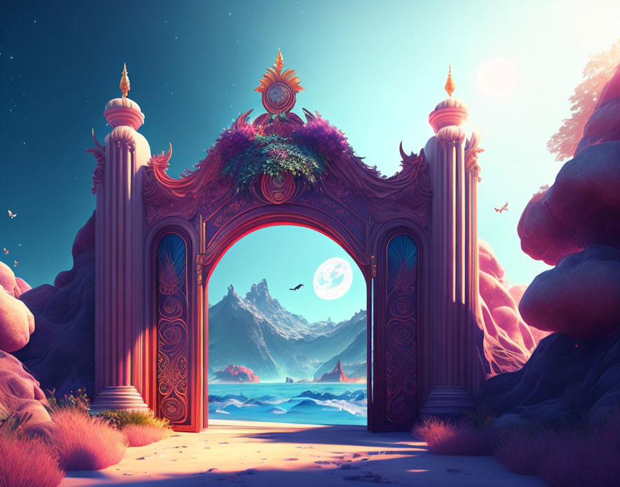 Ornate archway leading to vibrant mountain and sea view