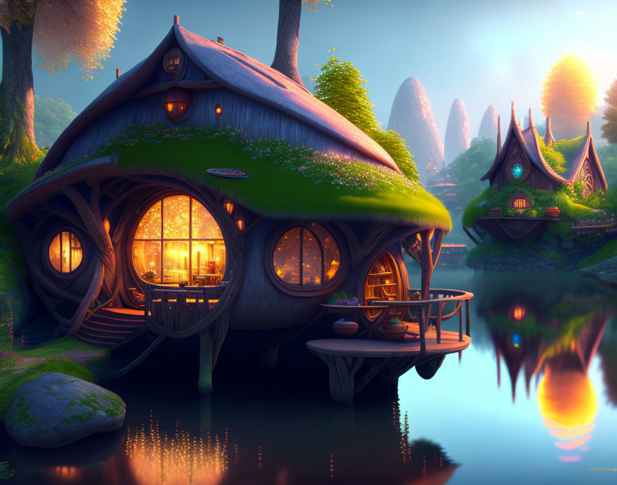 Fantasy-style cozy house with circular windows and green roof by tranquil lake at dusk