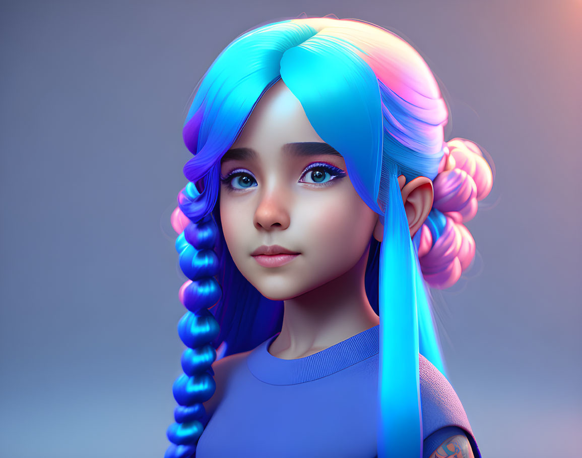 Portrait of a Girl with Blue and Pink Ombre Hair and Large Eyes