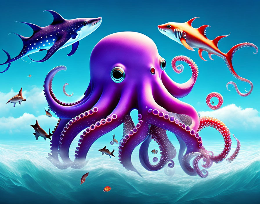 Colorful Underwater Scene with Purple Octopus and Sea Creatures