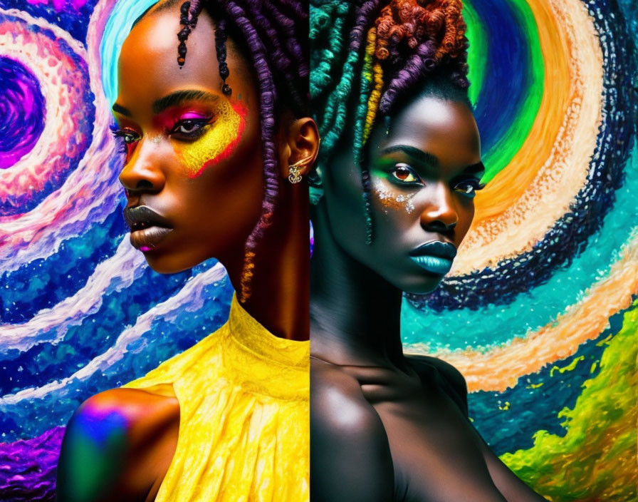 Two women with vibrant makeup and hairstyles on colorful swirled backdrop