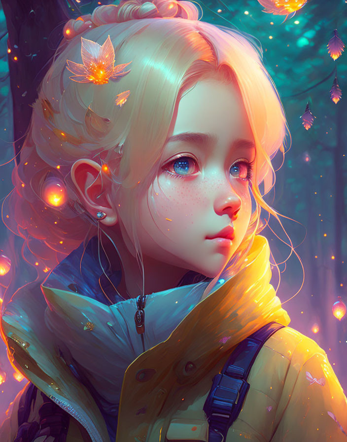 Blonde-Haired Character in Enchanting Forest with Glowing Leaves