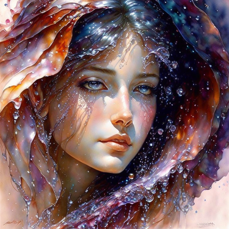 Vibrant portrait of a young woman with cosmic hair and water droplets