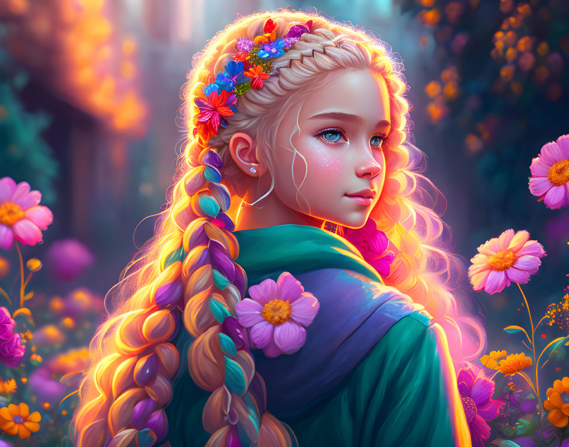 Digital artwork: Young girl with braided hair and flower adornments in colorful floral backdrop