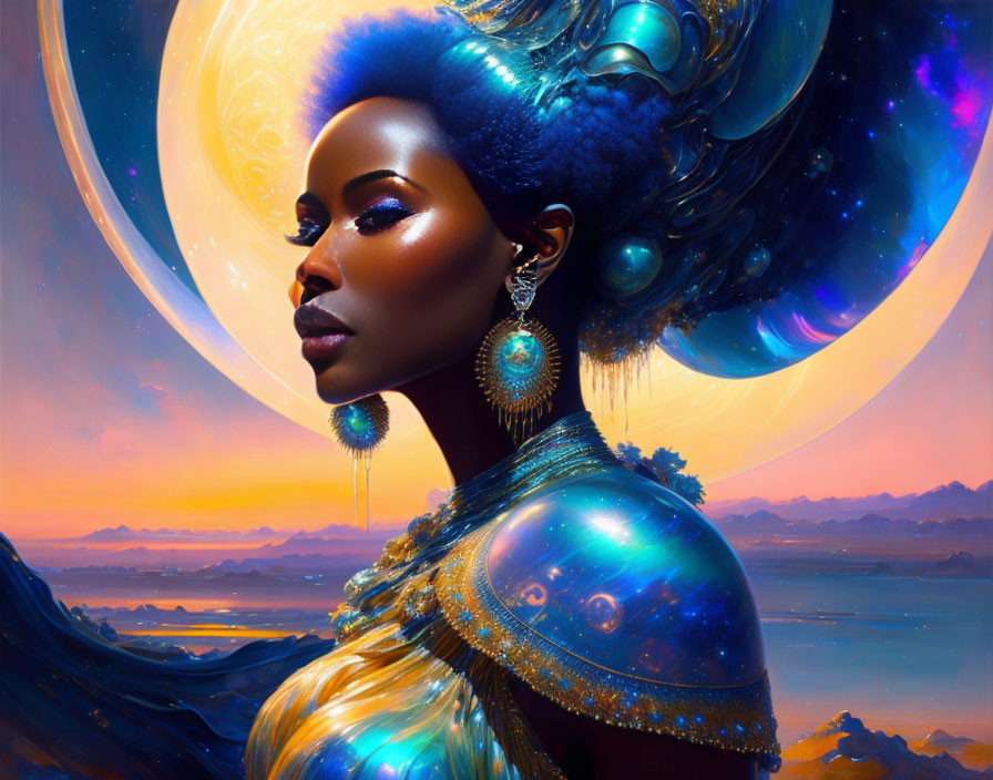 Elegant woman in blue dress on a faraway planet. 