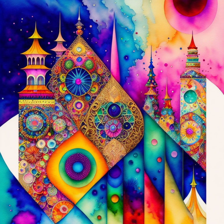 Colorful Abstract Artwork: Whimsical Towers & Intricate Patterns