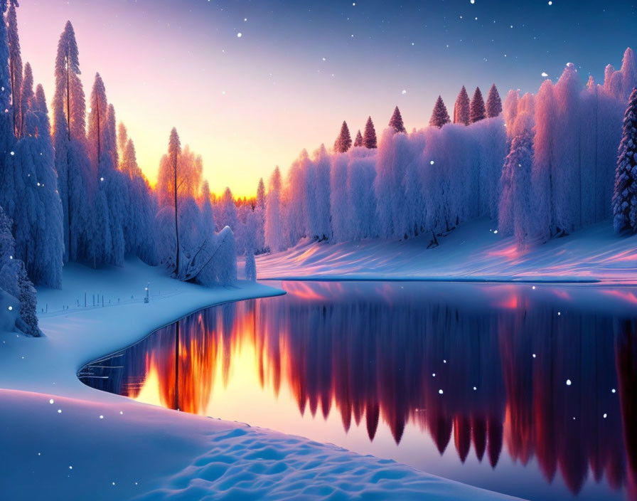 Snow-covered landscape at sunset with vibrant colors reflected in a still lake