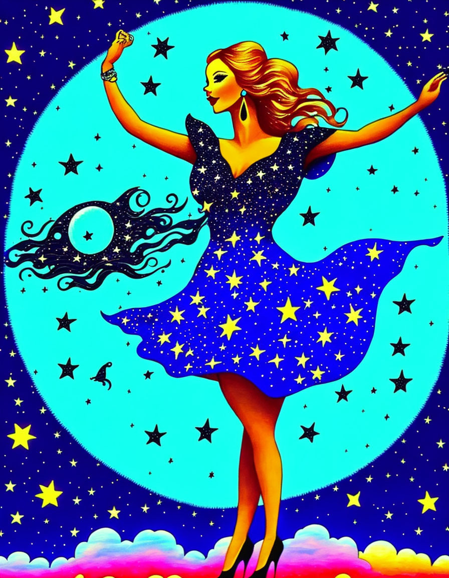 On a starry night a woman is dancing 