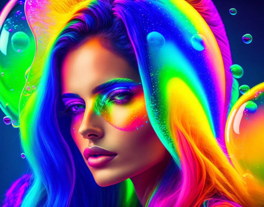 Colorful portrait of woman with neon hair and makeup in surreal setting