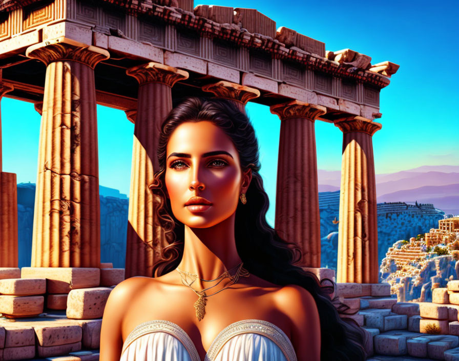 Dark-haired woman in Greek goddess attire with jewelry, standing by ancient columns at sunset.
