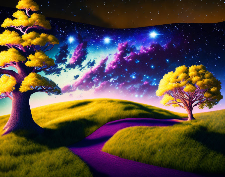 Colorful digital artwork of surreal landscape with glowing trees and starry night sky
