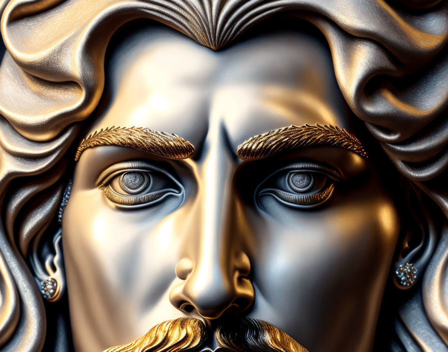 Detailed Metallic Man's Face Sculpture with Classical Style