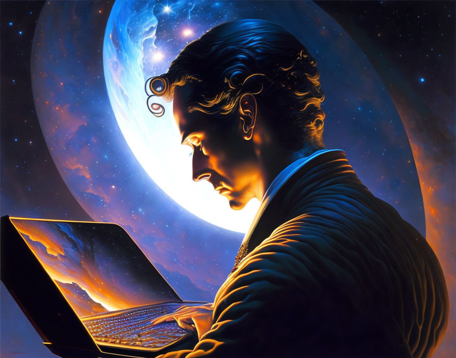 Illustration of person on laptop with cosmic moon and stars background
