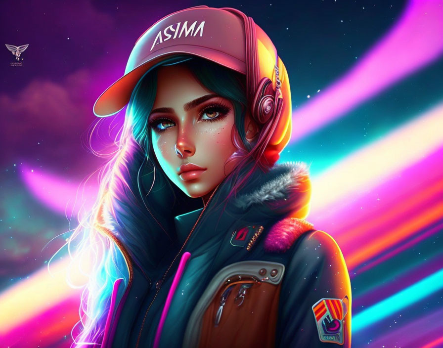 Digital artwork: Woman with blue eyes, cap, and headphones in cosmic neon background.