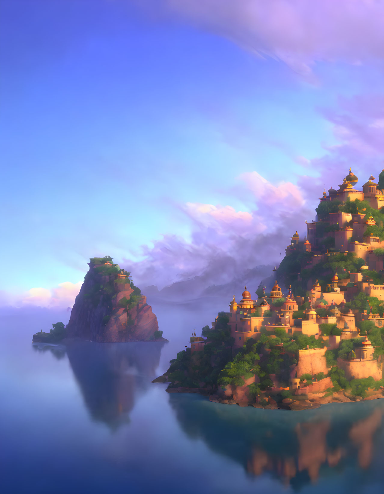 Vibrant cliffside city at sunset with mist-covered rocks and tranquil water.