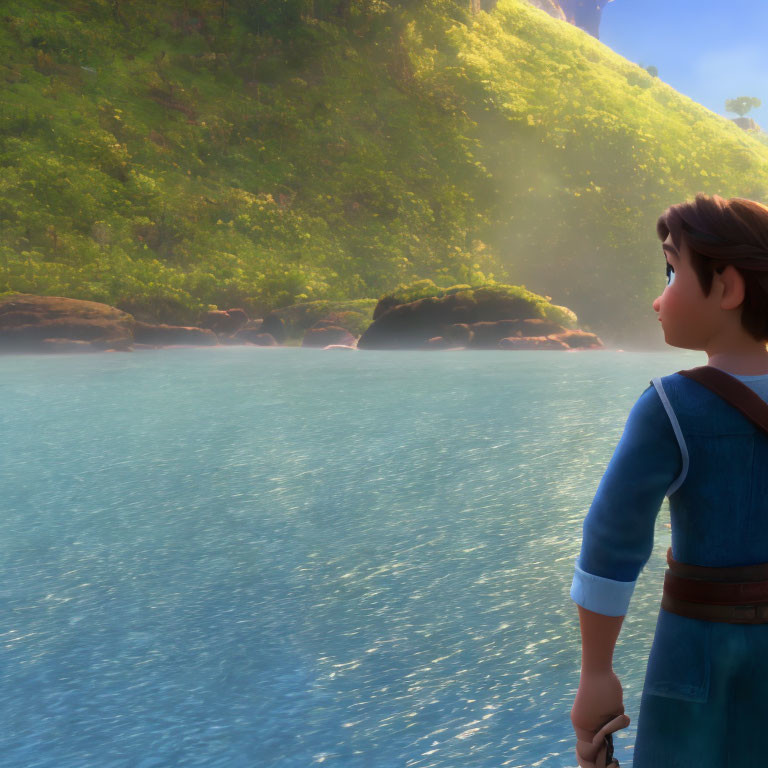 Young animated character in blue outfit gazes at serene lake and lush green hillside