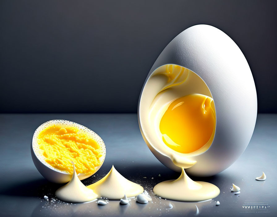 Cracked egg with spilled yolk and half-filled egg on grey surface