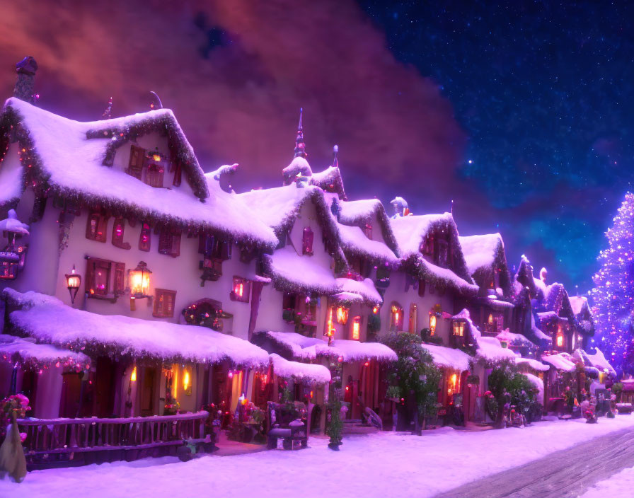 Snow-covered houses with glowing lights in festive winter night scene