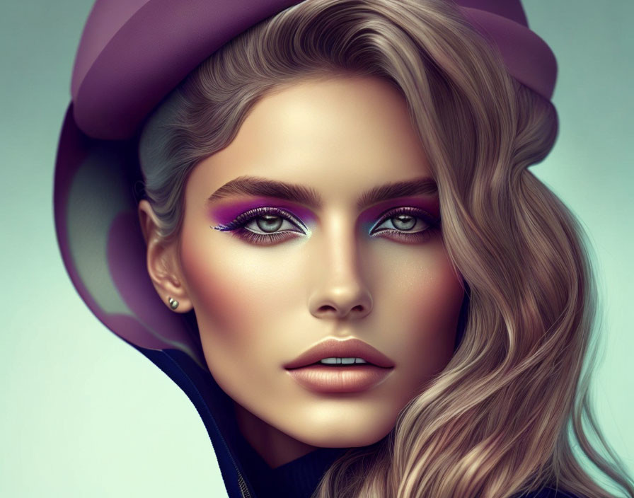 Digital artwork featuring woman with stylish makeup, blue eyes, wavy hair, and purple hat emphasizing detailed