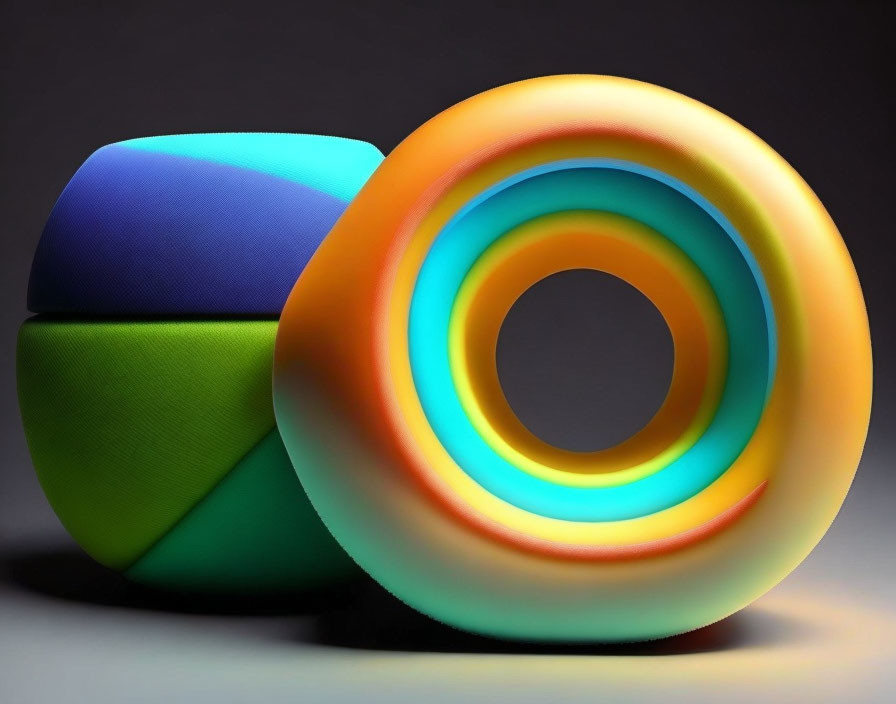 3D cushion-like objects: one with blue and green panels, the other with colorful torus shape