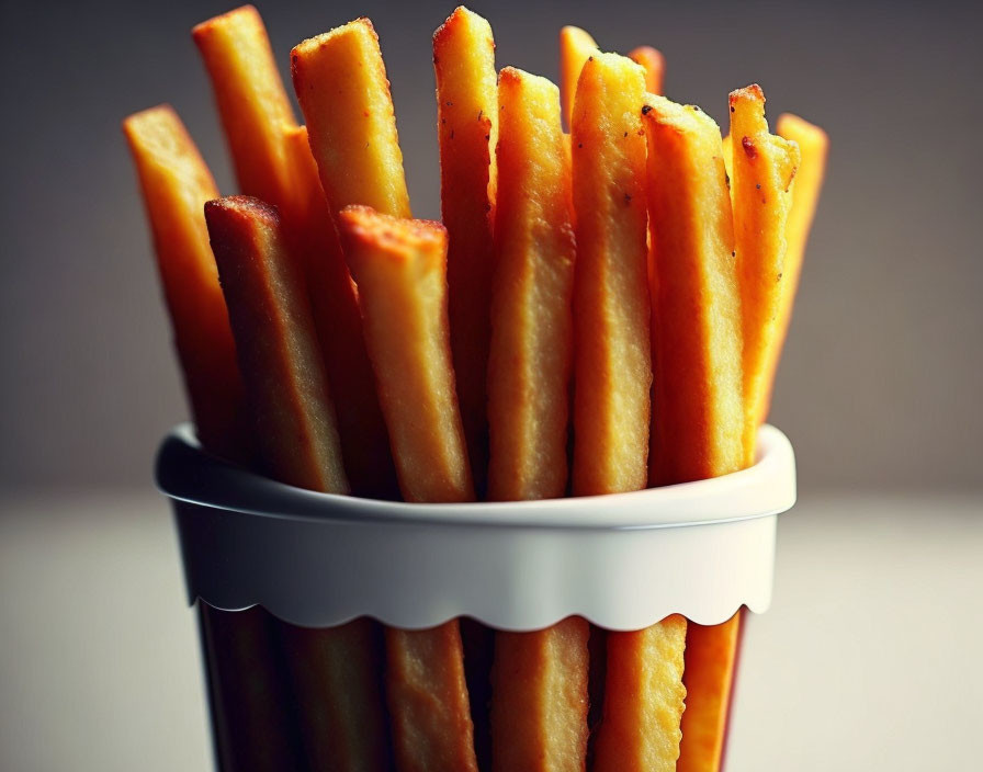 Golden French Fries with Seasoning in White Container