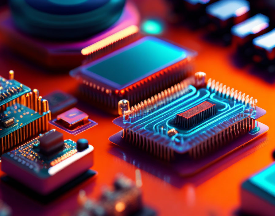 Detailed Image: Vibrant Circuit Board with Microchips and Central Processor