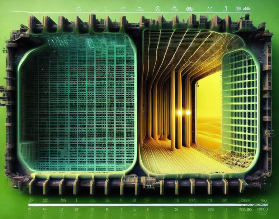 Futuristic digital artwork: Circuit board cityscape with skyscrapers