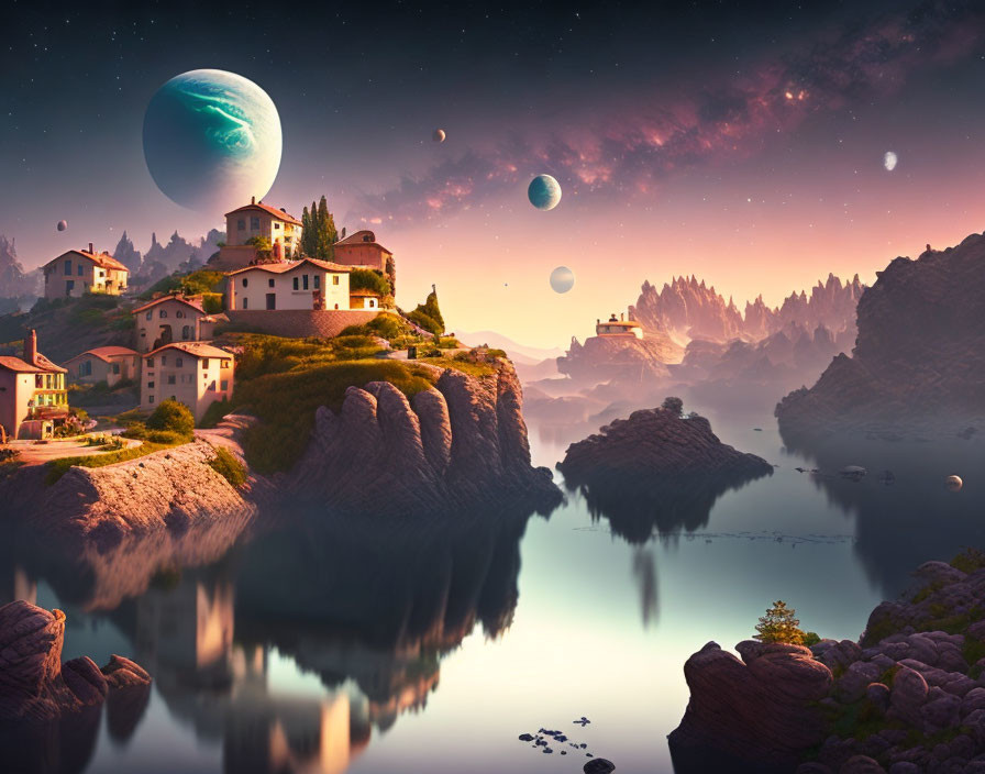 Tranquil village on rocky cliff under multiple moons