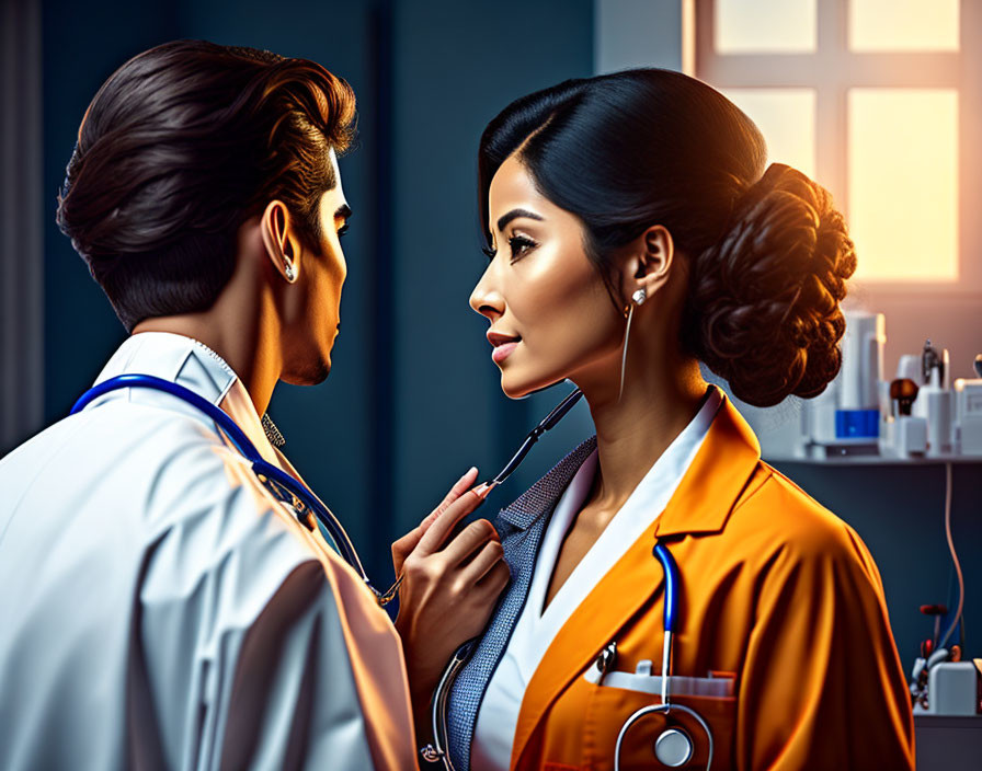 Healthcare professionals in clinic adjusting stethoscope with intense gazes, window backdrop.