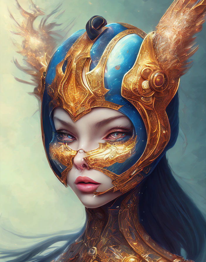 Digital Artwork: Woman with Blue and Gold Helmet and Intricate Patterns