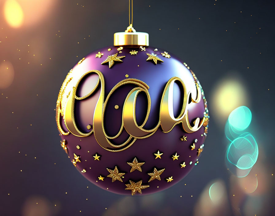 Purple Christmas Ornament with Golden Stars and Swirls on Bokeh Light Background