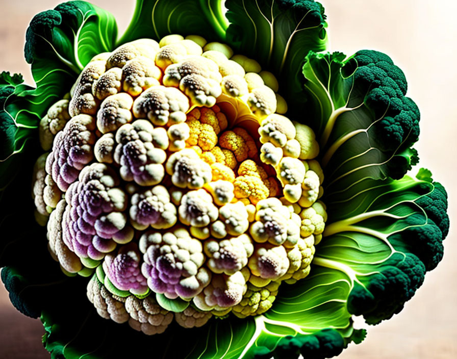 Colorful Romanesco Broccoli with Fractal Pattern in Green, Yellow, and Purple