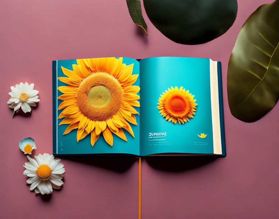 Botanical book with sunflower and daisies on pink surface