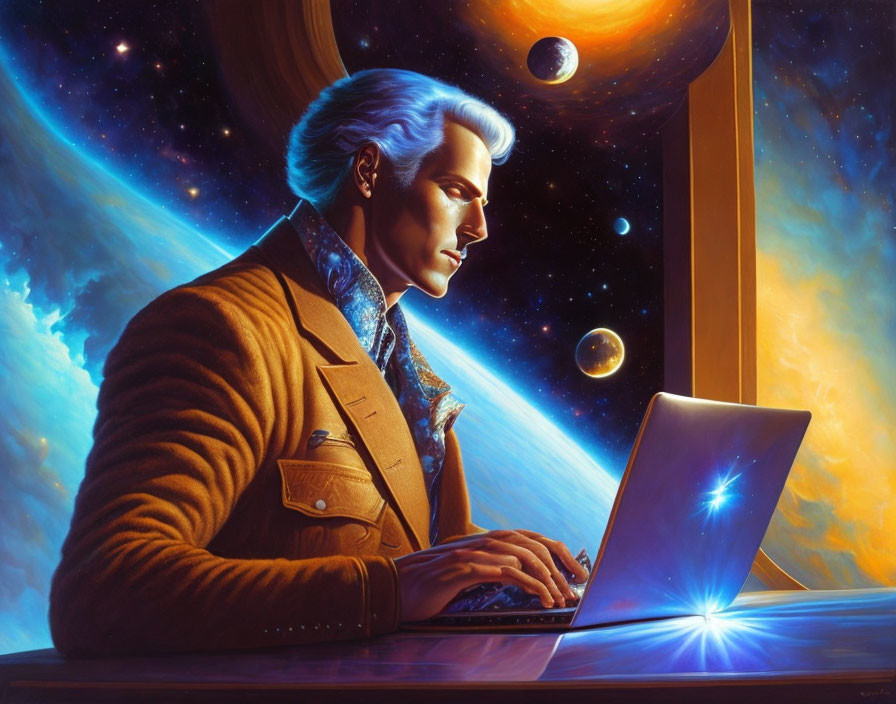 Futuristic artwork of person with blue hair on laptop in cosmic setting