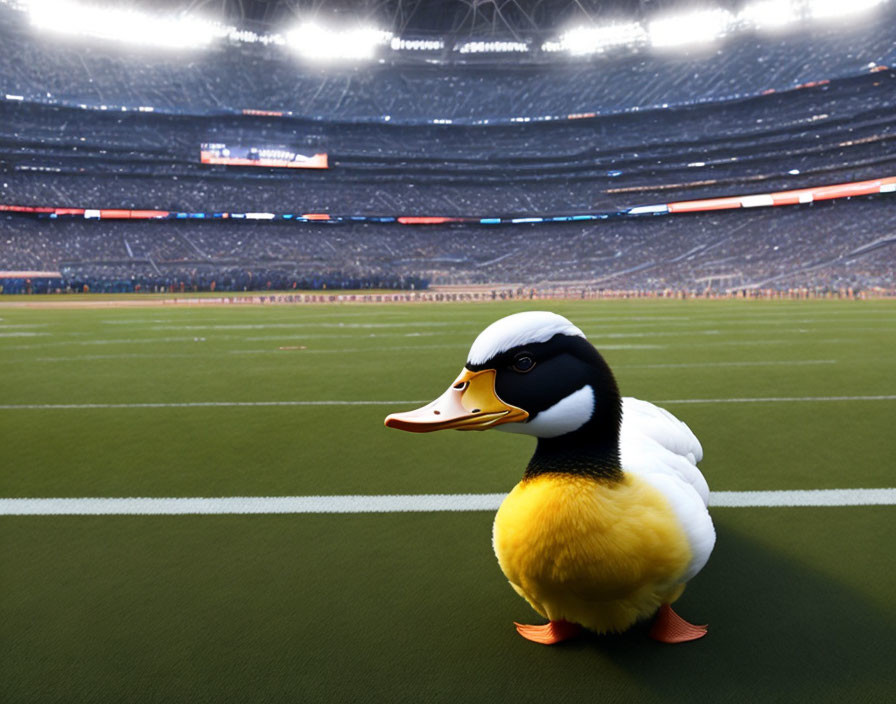 3D-rendered duck on grassy sports field with empty stadium in background