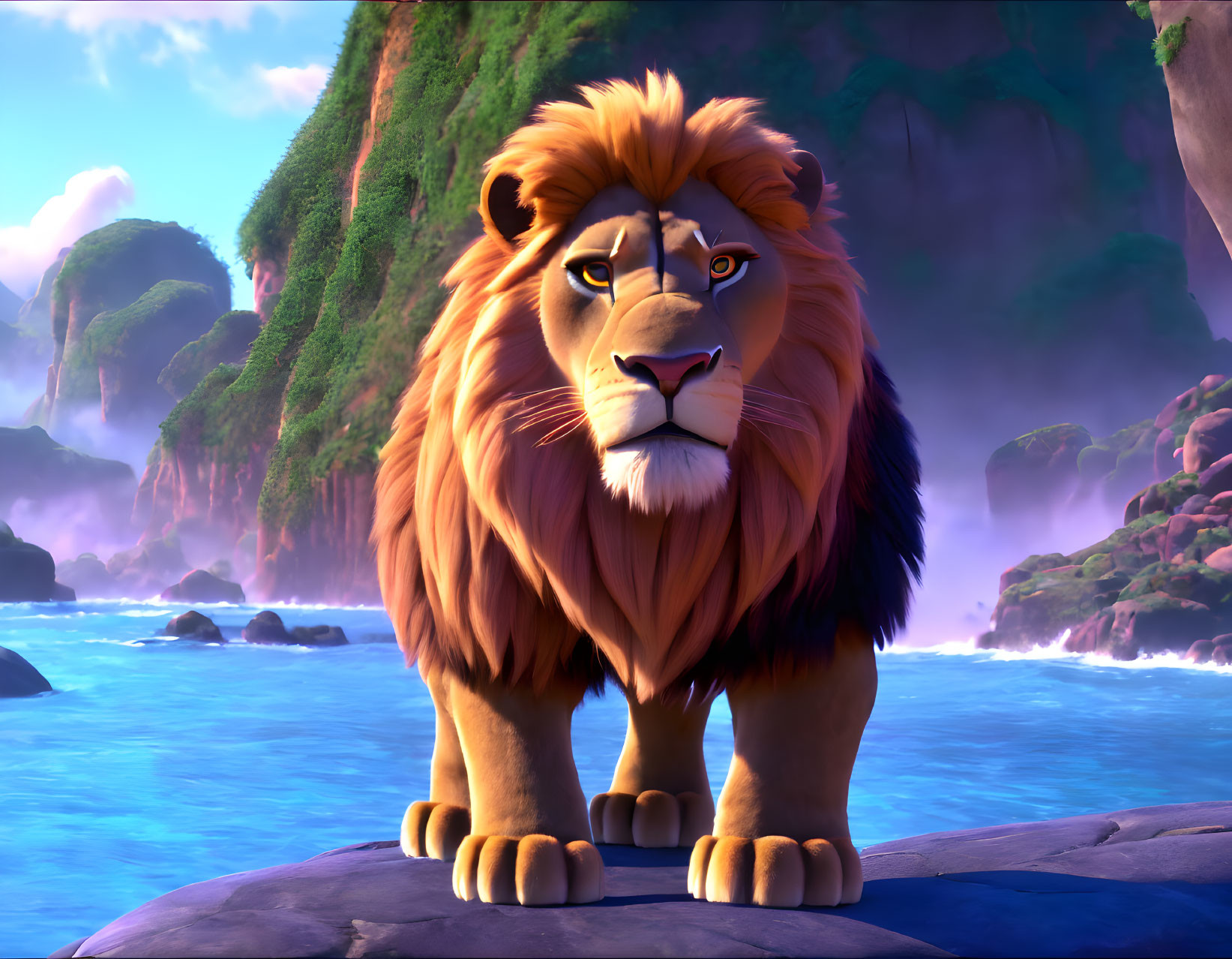Majestic animated lion with lush mane on rocky outcrop overlooking serene ocean and green cliffs.