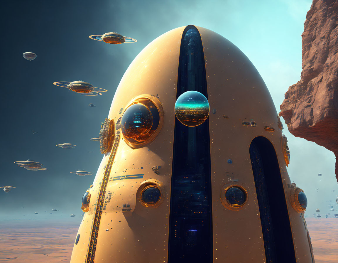 Golden Spaceship Lands on Desert Planet Amid Flying Saucers