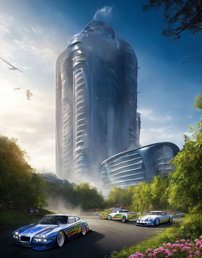 Futuristic skyscraper with classic racing cars in lush landscape