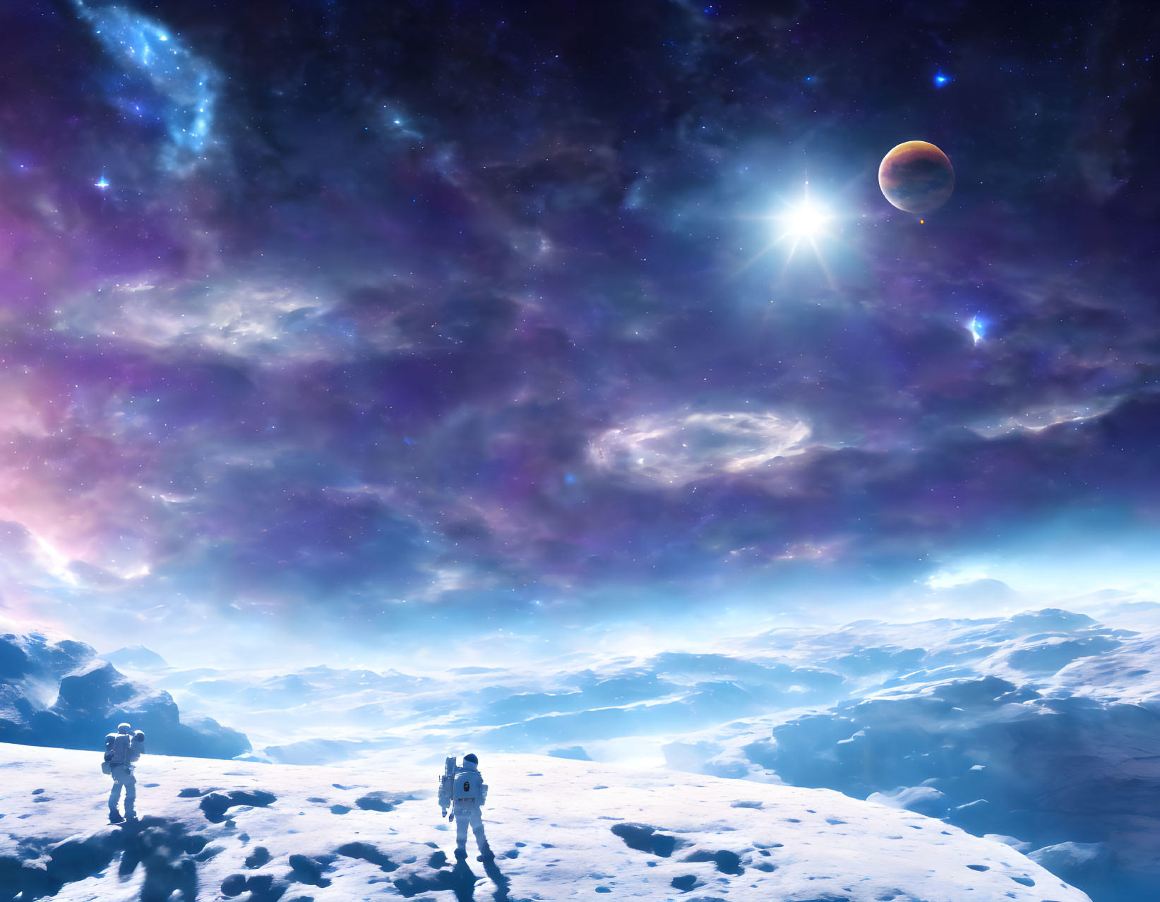 Astronauts on snowy alien terrain under cosmic sky