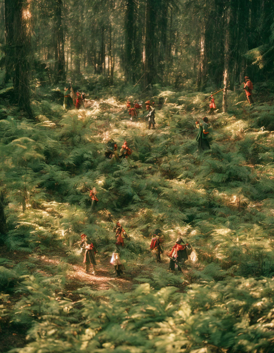 Individuals in Red Cloaks in Sunlit Forest with Fern Undergrowth