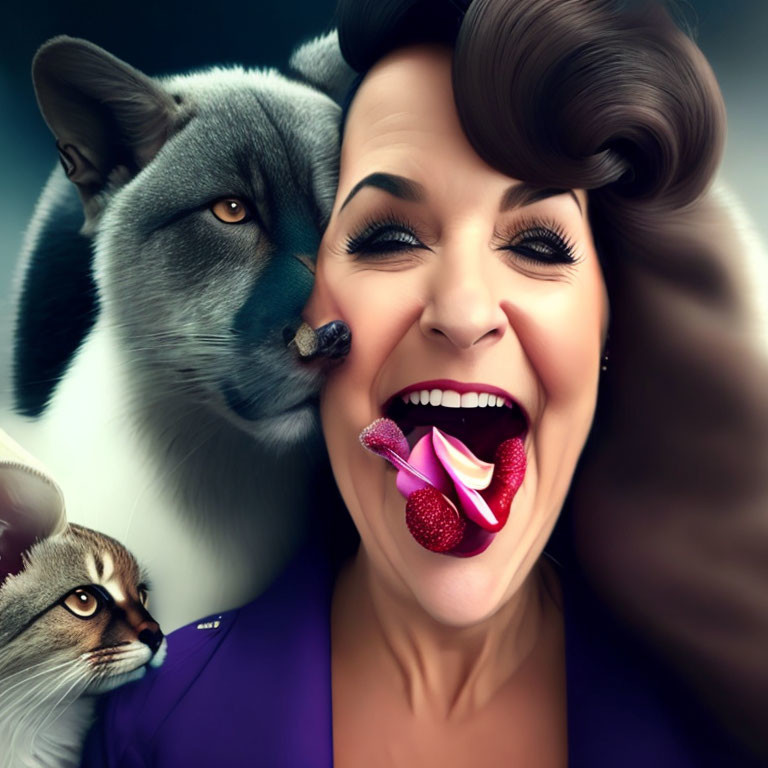 Woman laughing with raspberry between teeth, flanked by grey and brown cats.