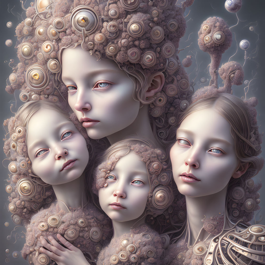 Digital Artwork: Four Pale Faces with Blue Eyes and Intricate Shell-like Patterns