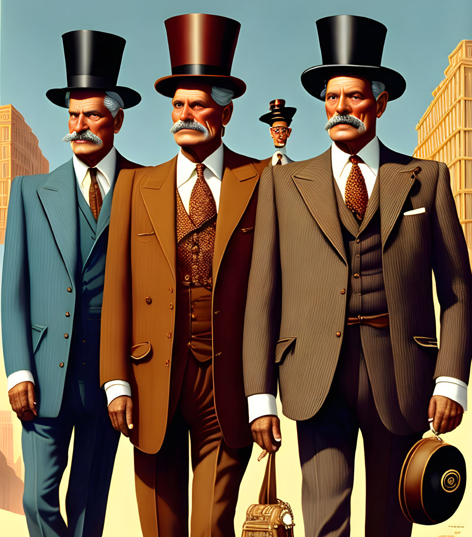 Vintage men in suits and top hats against city backdrop.