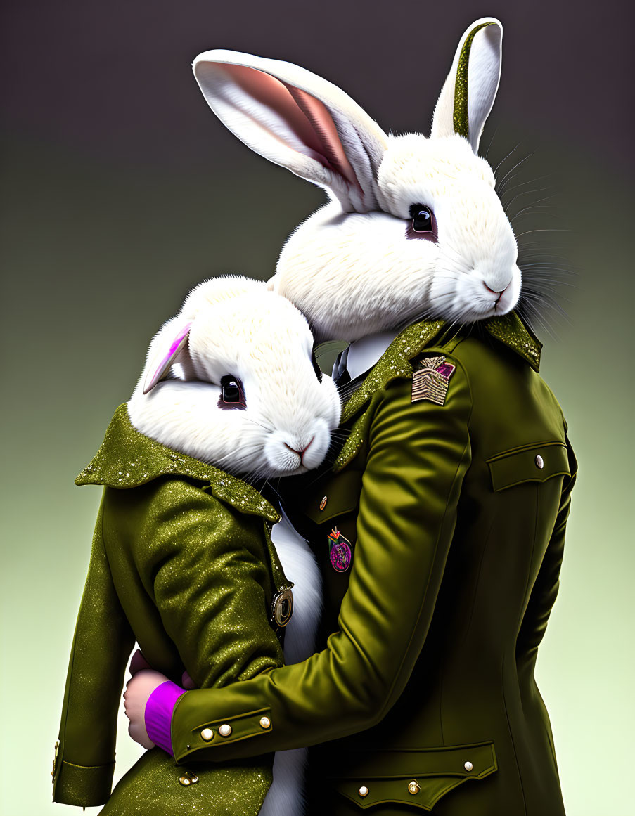 Anthropomorphic rabbits in military outfits embracing with detailed fur texture.