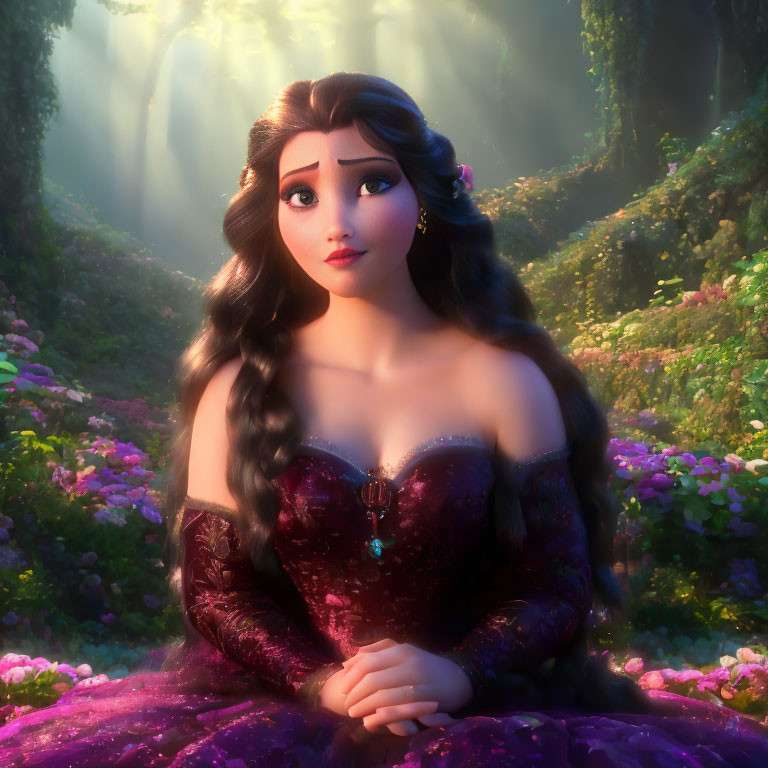 Long-haired animated princess in mystical forest with flowers and soft light.